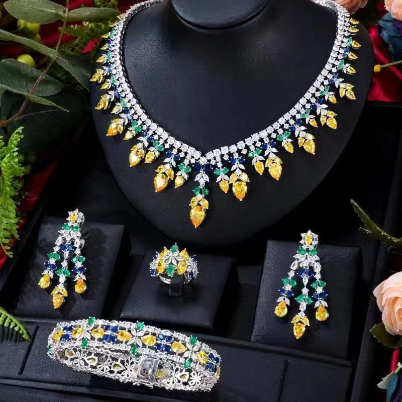 4 PcsTurquoise Luxury Necklace Earrings Bracelet Ring Set Shine of Diamond