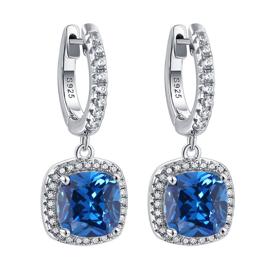 Birthstone Cushion Cut Halo Sterling Silver Drop Earrings Shineofdiamond