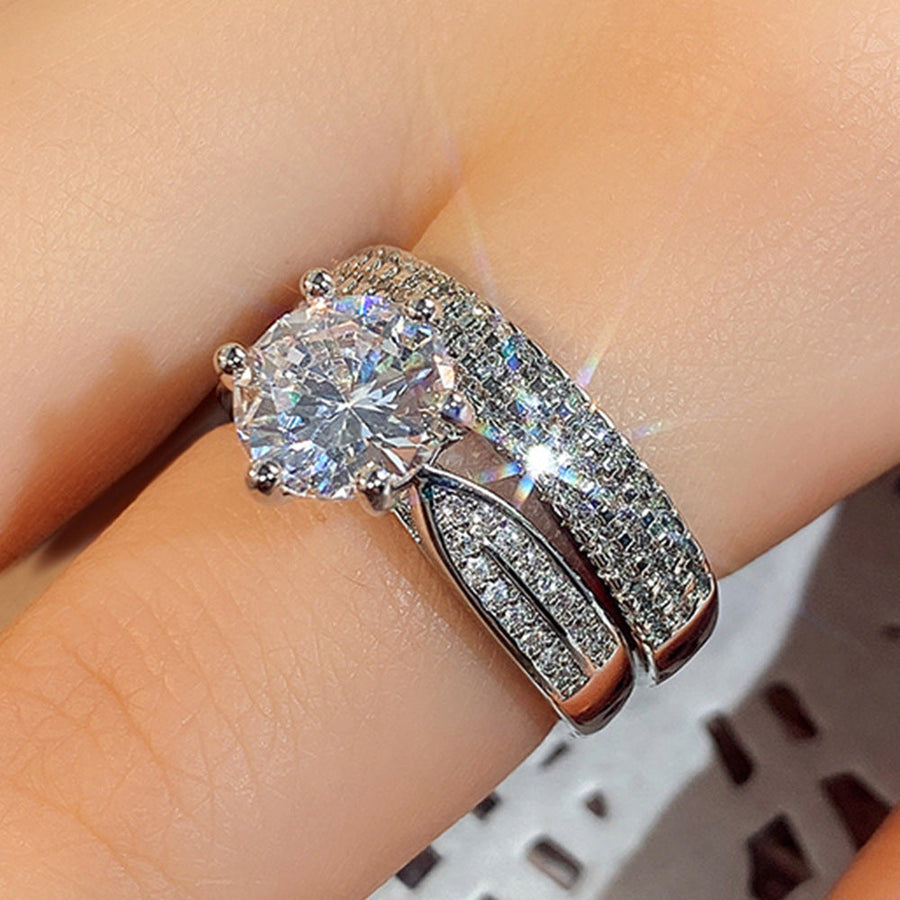 Classic 2-Piece Round Six-Prong Solitaire with Half Eternity Bands Bridal Ring Set in 925 Sterling Silver Shine of Diamond