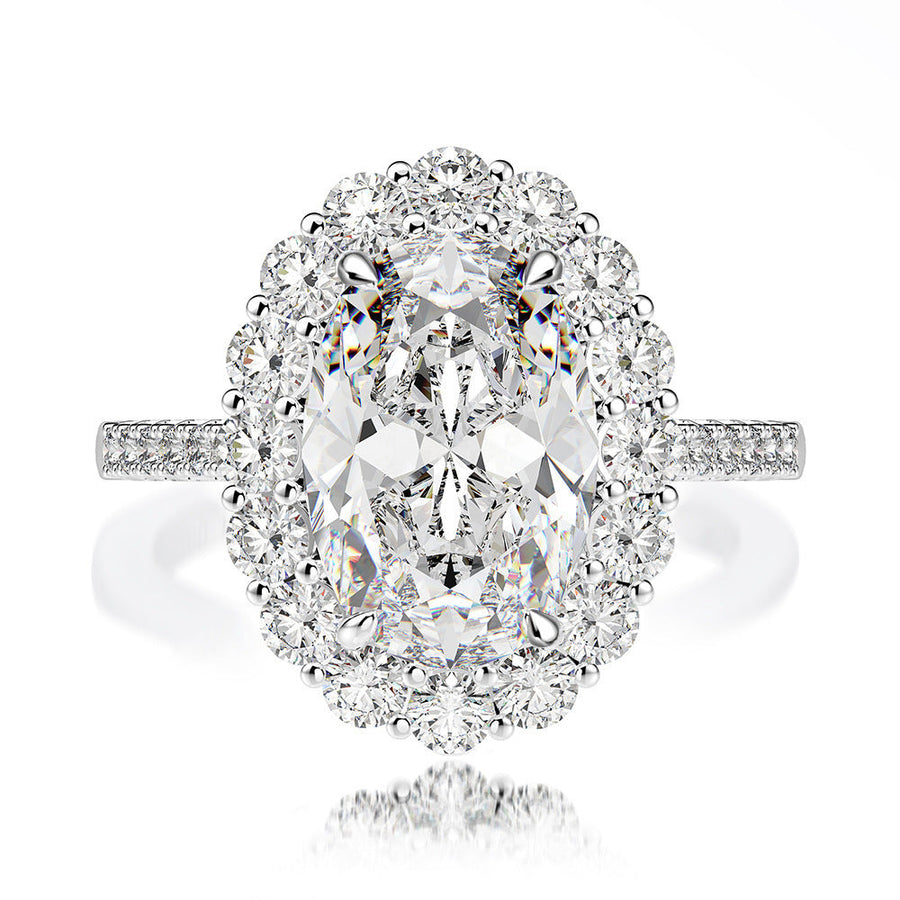 Oval Cut Halo Sterling Silver Engagement Ring With Half Eternity Band Shineofdiamond
