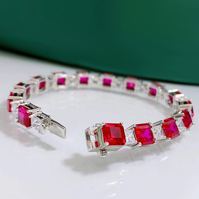 Classic Baguette Emerald Blue Red Gemstone Tennis Bracelet in Sterling Silver Shineofdiamond