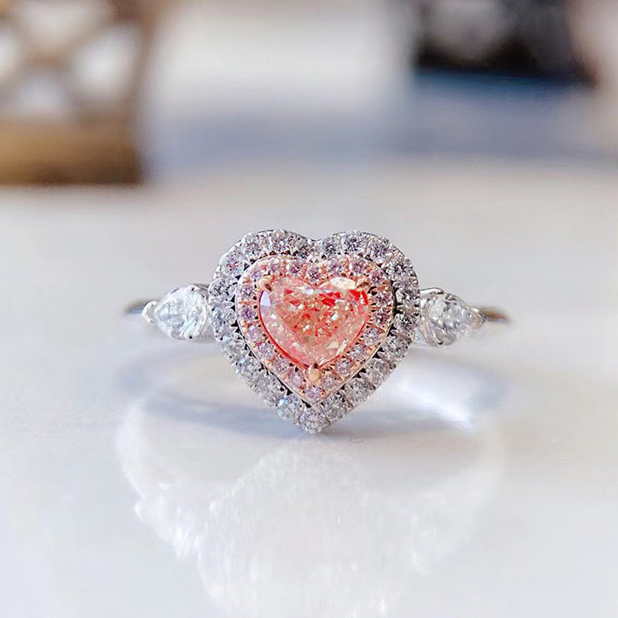 Pink Heart Double Halo Sterling Silver Engagement Ring shine of diamond