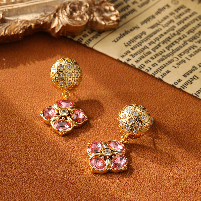 Vintage Pink Flower Design Golden Tone Drop Earrings Carly Jewelry