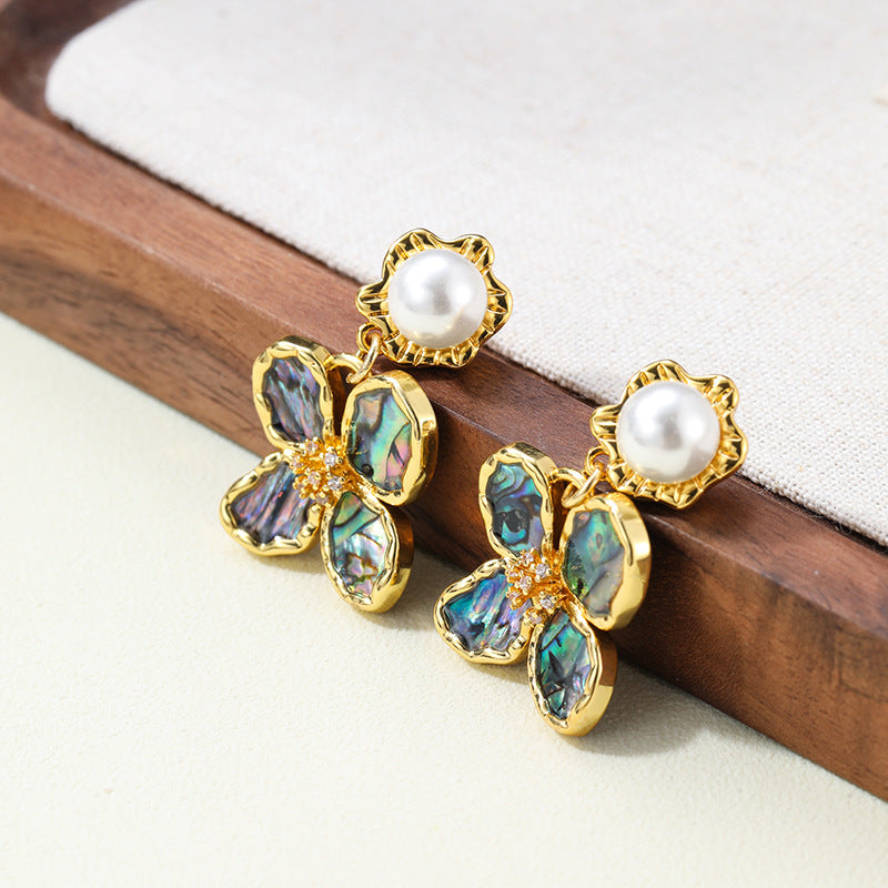 Retro Abalone Flower Pearl Tassel Earrings Carly Jewelry