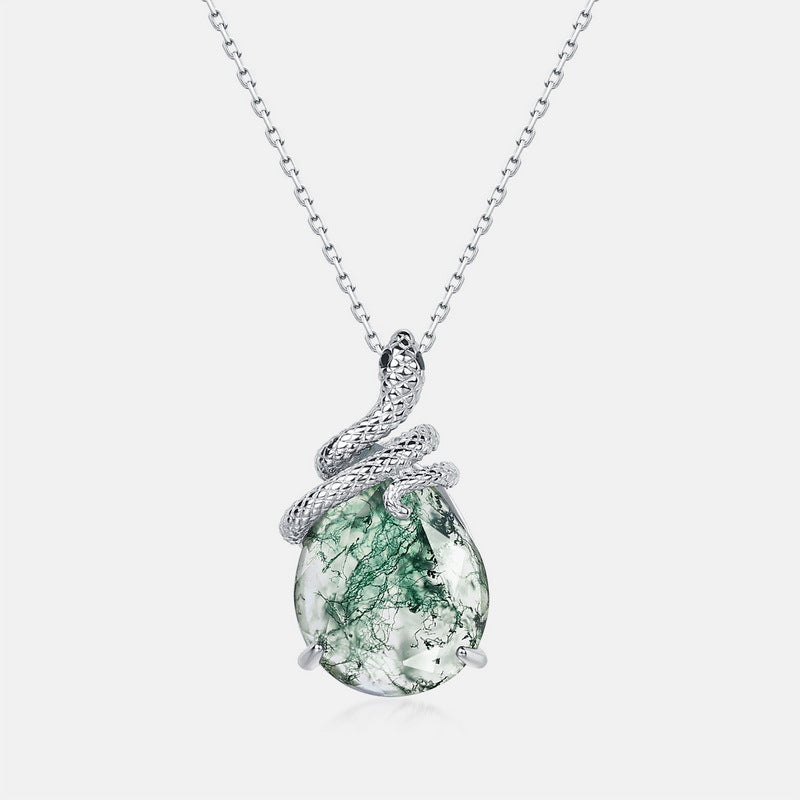 Snake Coiled Natural Green Moss Agate Pendant Necklace Carly Jewelry