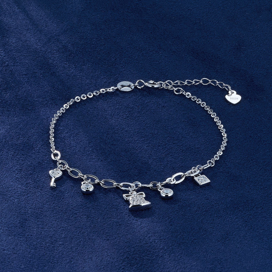 925 Sterling Silver Creative Bell and Key Christmas Bracelet for Women Shine of Diamond