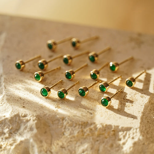 Vintage mini Golden Tone Green Stud Earrings in Sterling Silver Shine of Diamond