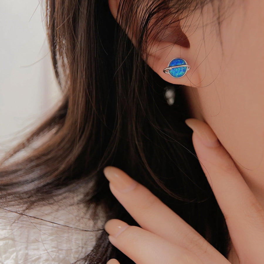 Retro Blue Earth Design Opal Stud Earrings Carly Jewelry