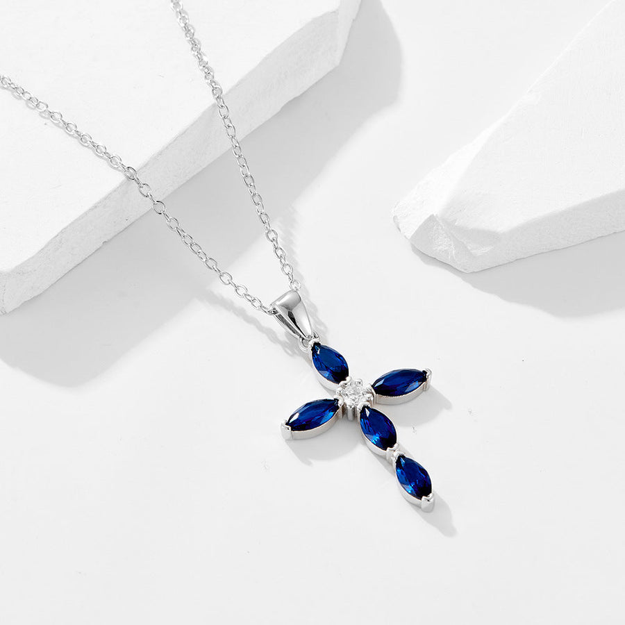 Luxury Blue Cross Design Sterling Silver Necklace Shine of Diamond