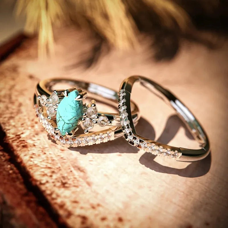 Vintage Turquoise Maquise Shape Ring Set Carly Jewelry