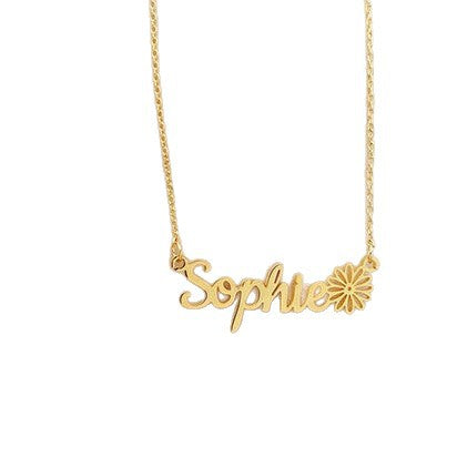 Personalize Name Necklace with Birth Flower in Stainless Steel Shine of Diamond