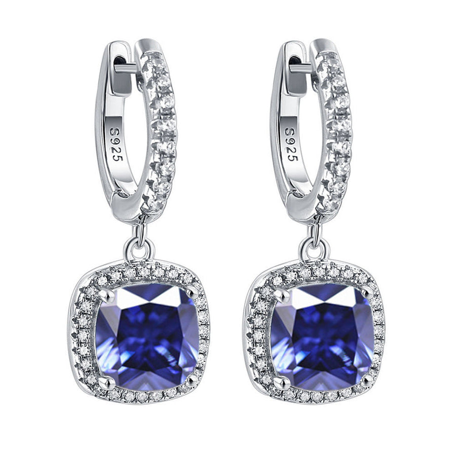Birthstone Cushion Cut Halo Sterling Silver Drop Earrings Shineofdiamond