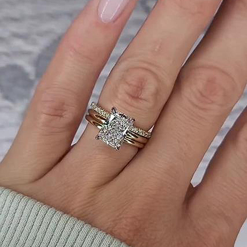 3PCS Radiant Cut Sterling Silver Wedding Bridal Set In Golden Tone Shineofdiamond