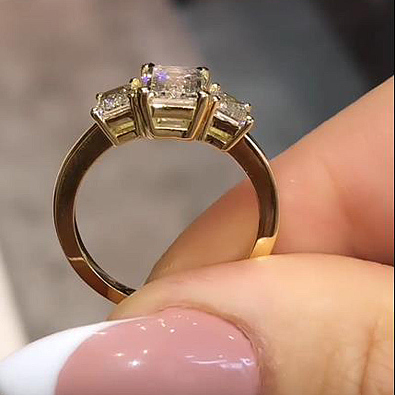 Stunning Golden Tone Emerald Cut Three Stone Engagement Ring In Sterling Silver Juluro