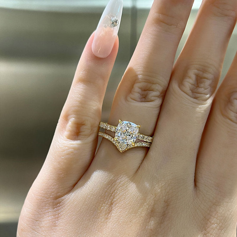 Luxurious Golden Tone Cushion Cut Sterling Silver Wedding Bridal Set Shineofdiamond