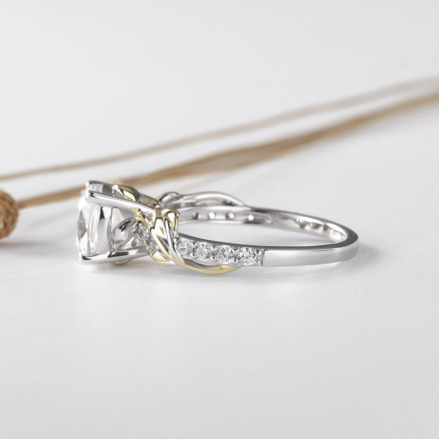 Vine Cushion Cut Golded Two-Tone Sterling Silver Engagement Ring Shineofidamond
