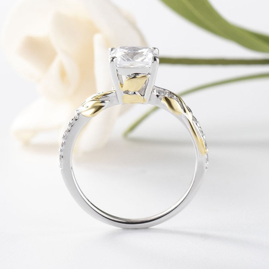 Vine Cushion Cut Golded Two-Tone Sterling Silver Engagement Ring Shineofidamond