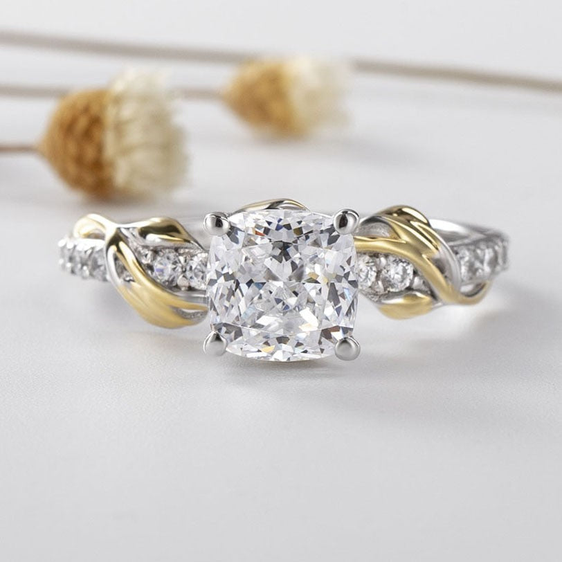 Vine Cushion Cut Golded Two-Tone Sterling Silver Engagement Ring Shineofidamond