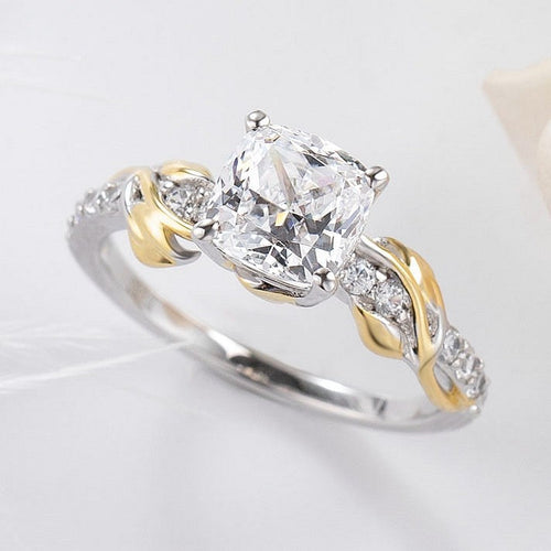 Vine Cushion Cut Golded Two-Tone Sterling Silver Engagement Ring Shineofidamond