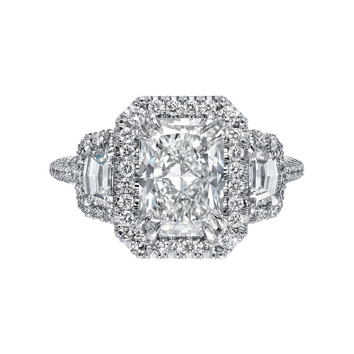 Exquisite Radiant Cut Halo Three Stone Engagement Ring In Sterling Silver shineofdiamond