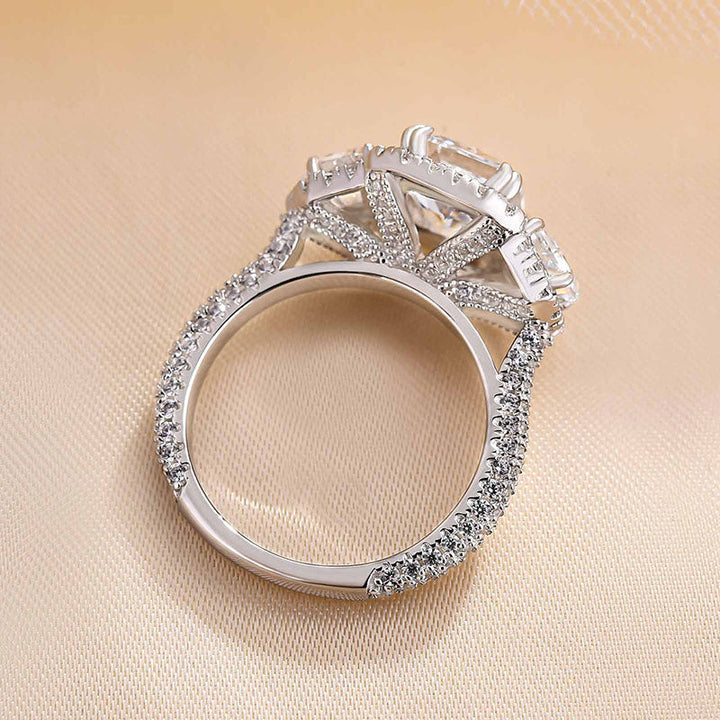 Exquisite Radiant Cut Halo Three Stone Engagement Ring In Sterling Silver shineofdiamond
