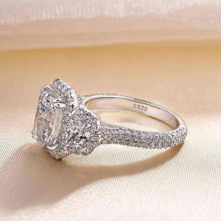 Exquisite Radiant Cut Halo Three Stone Engagement Ring In Sterling Silver shineofdiamond