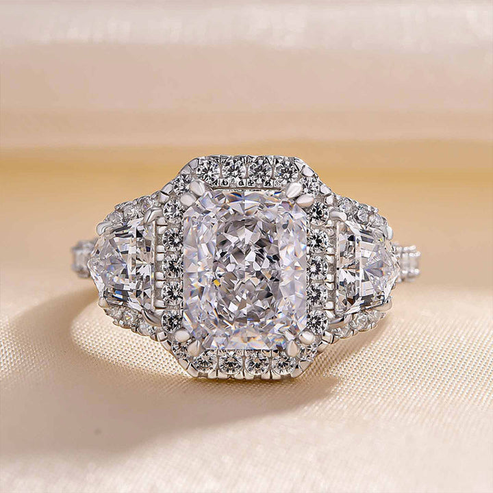 Exquisite Radiant Cut Halo Three Stone Engagement Ring In Sterling Silver shineofdiamond