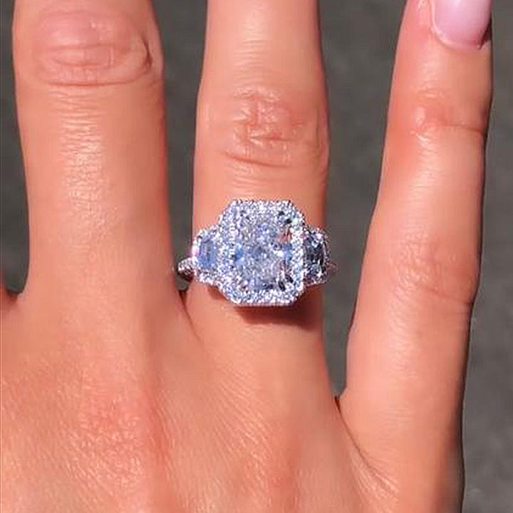 Exquisite Radiant Cut Halo Three Stone Engagement Ring In Sterling Silver shineofdiamond