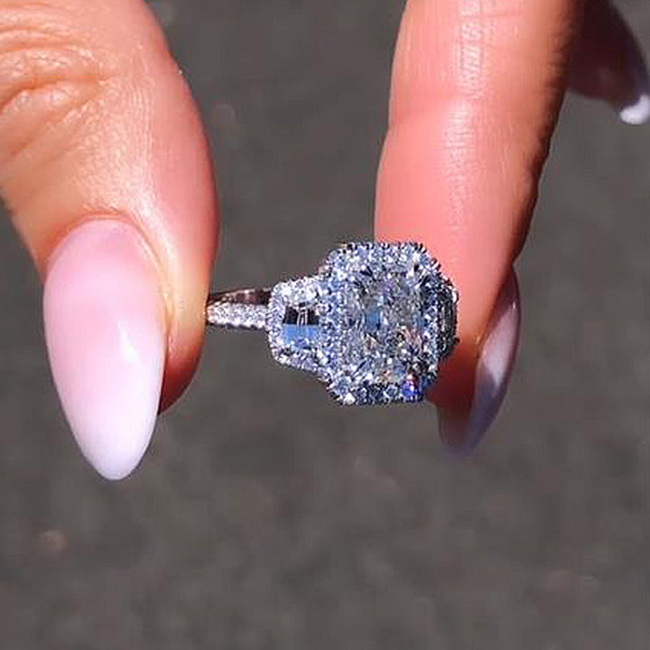 Exquisite Radiant Cut Halo Three Stone Engagement Ring In Sterling Silver shineofdiamond