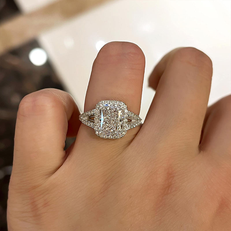 Sparkle Split Shank Halo Radiant Cut Sterling Silver Engagement Ring Shineofdiamond