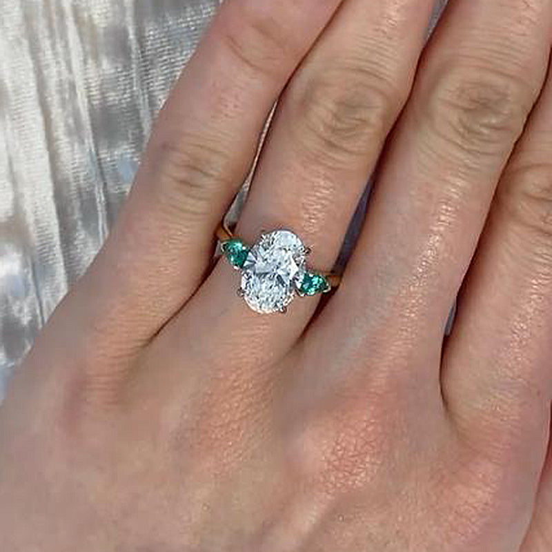 Vintage Two-Tone Oval Cut Three Stone Sterling Silver Engagement Ring Shineofidamond