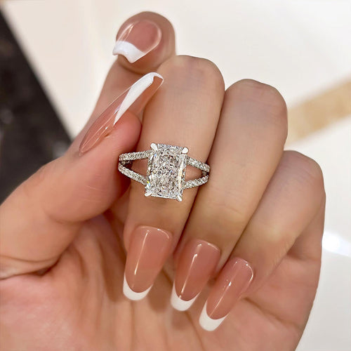 Exquisite Split Shank Radiant Cut Engagement Ring In Sterling Silver Shineofdiamond