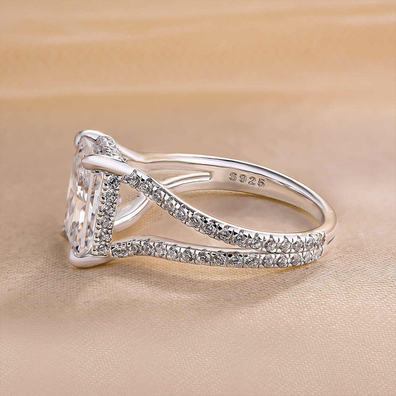 Exquisite Split Shank Radiant Cut Engagement Ring In Sterling Silver Shineofdiamond