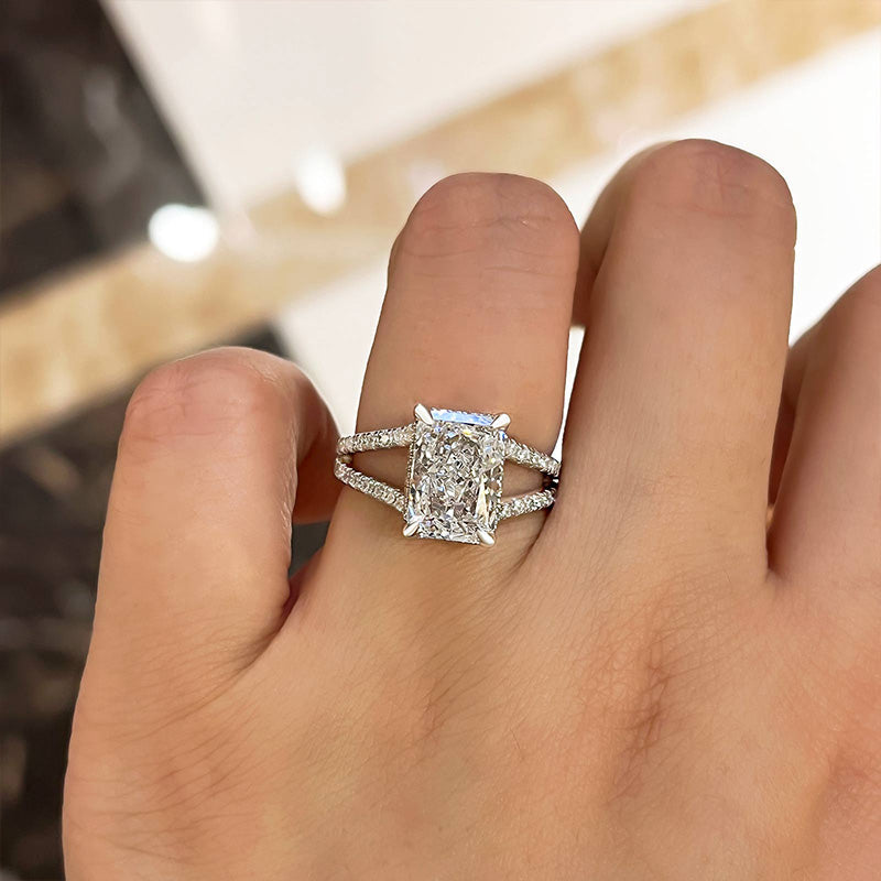 Exquisite Split Shank Radiant Cut Engagement Ring In Sterling Silver Shineofdiamond