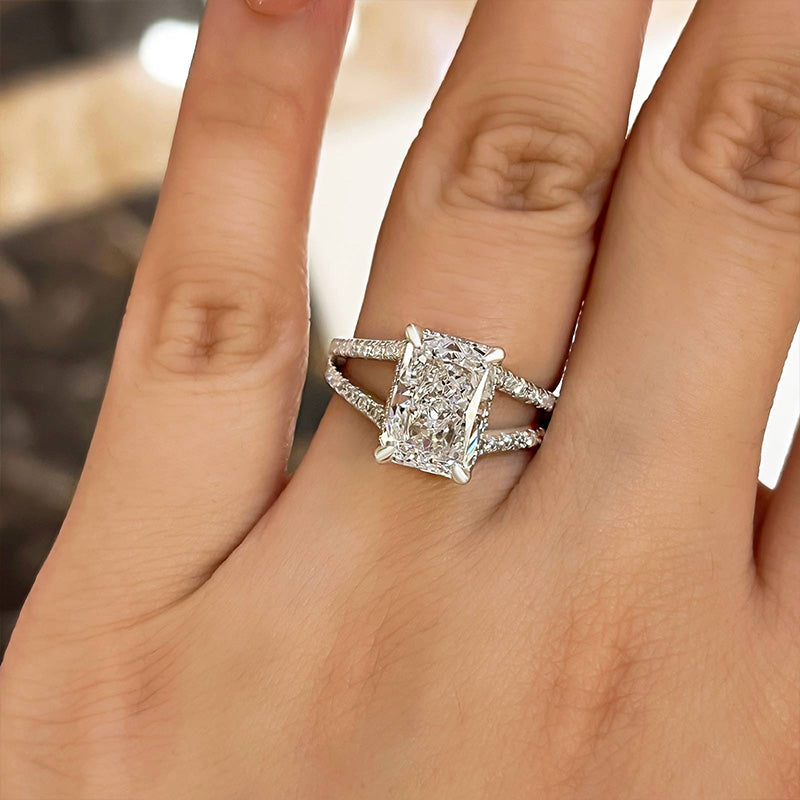 Exquisite Split Shank Radiant Cut Engagement Ring In Sterling Silver Shineofdiamond