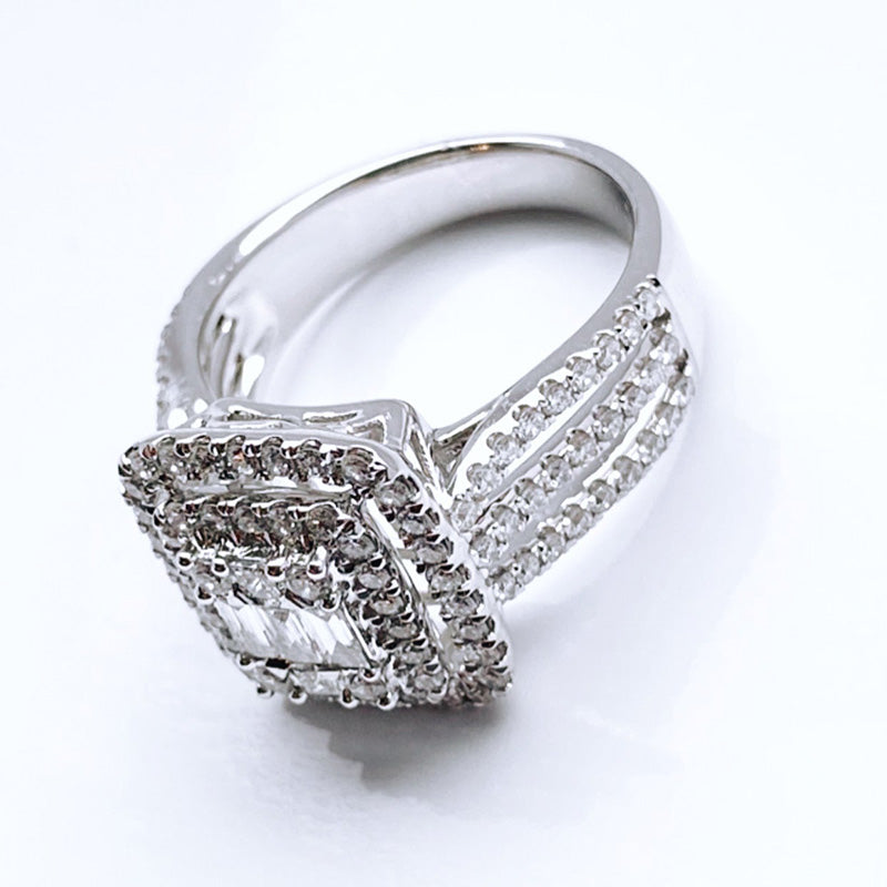 Double Halo Three Shank Emerald Cut Sterling Silver Engagement Ring Shineofdiamond