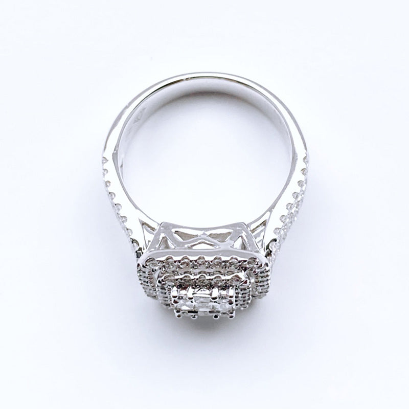 Double Halo Three Shank Emerald Cut Sterling Silver Engagement Ring Shineofdiamond