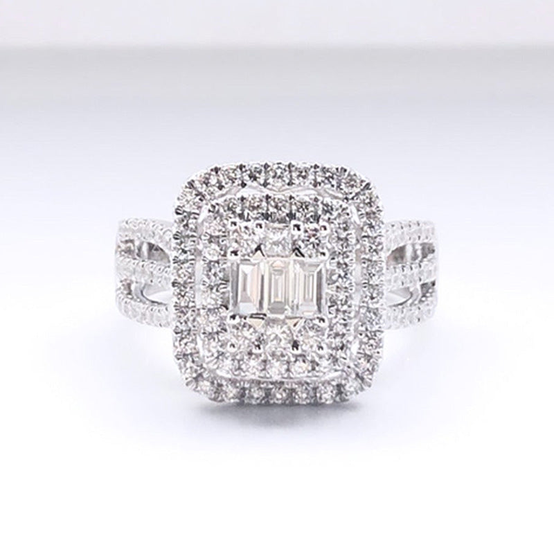 Double Halo Three Shank Emerald Cut Sterling Silver Engagement Ring Shineofdiamond