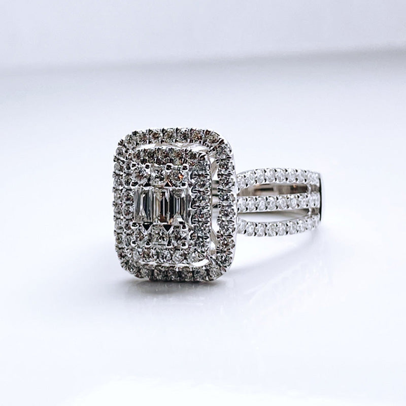 Double Halo Three Shank Emerald Cut Sterling Silver Engagement Ring Shineofdiamond