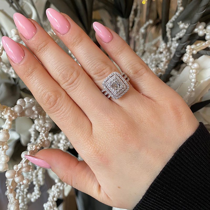 Double Halo Three Shank Emerald Cut Sterling Silver Engagement Ring Shineofdiamond