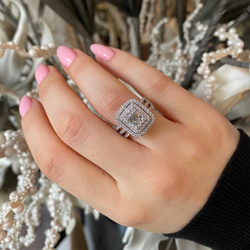 Double Halo Three Shank Emerald Cut Sterling Silver Engagement Ring Shineofdiamond