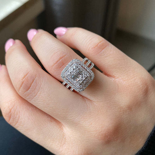 Double Halo Three Shank Emerald Cut Sterling Silver Engagement Ring Shineofdiamond