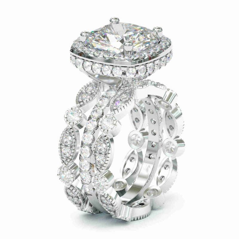 3PCS Halo Cushion Cut Wedding Bridal Set In Sterling Silver Shineofdiamond