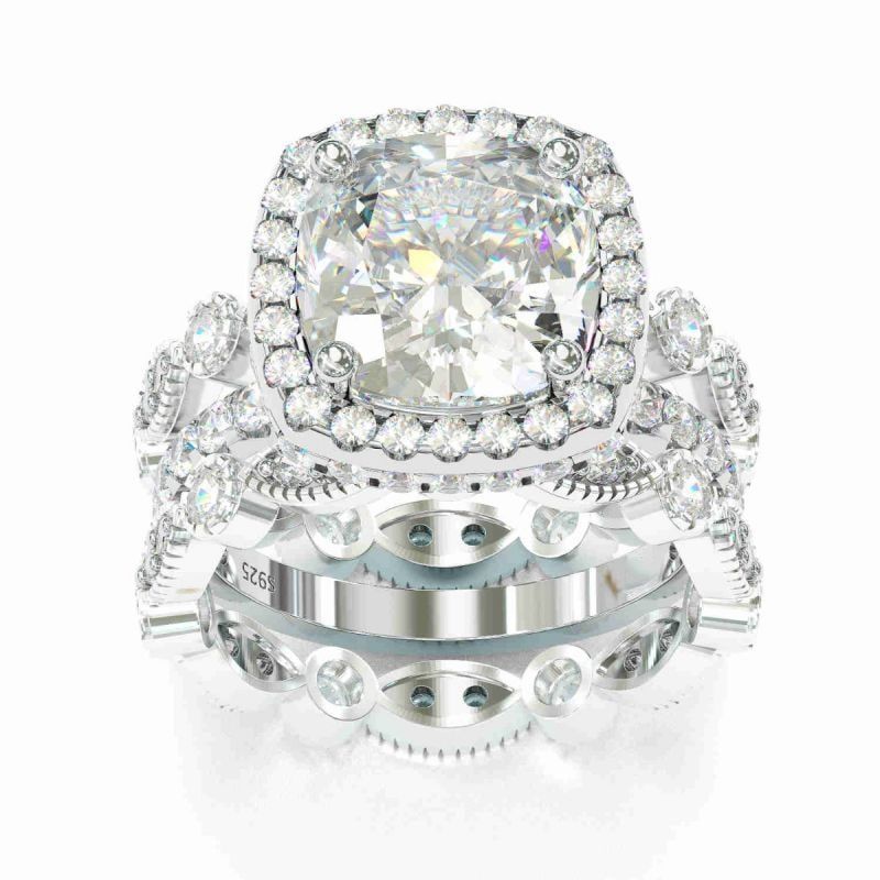 3PCS Halo Cushion Cut Wedding Bridal Set In Sterling Silver Shineofdiamond