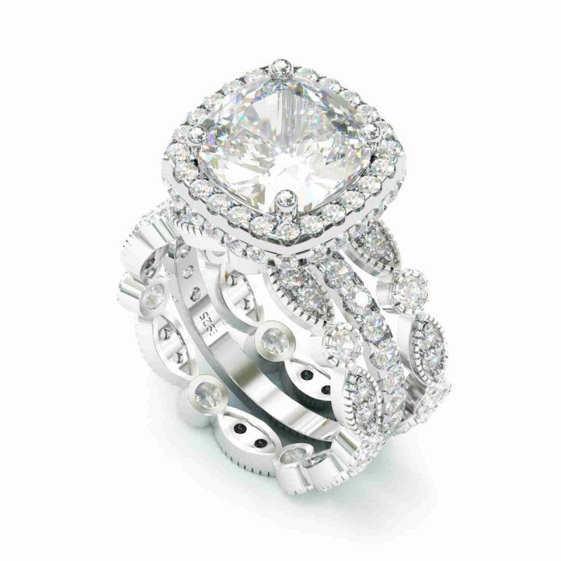 3PCS Halo Cushion Cut Wedding Bridal Set In Sterling Silver Shineofdiamond
