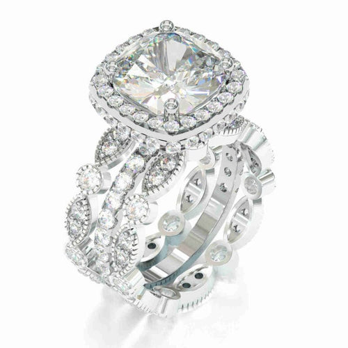 3PCS Halo Cushion Cut Wedding Bridal Set In Sterling Silver Shineofdiamond