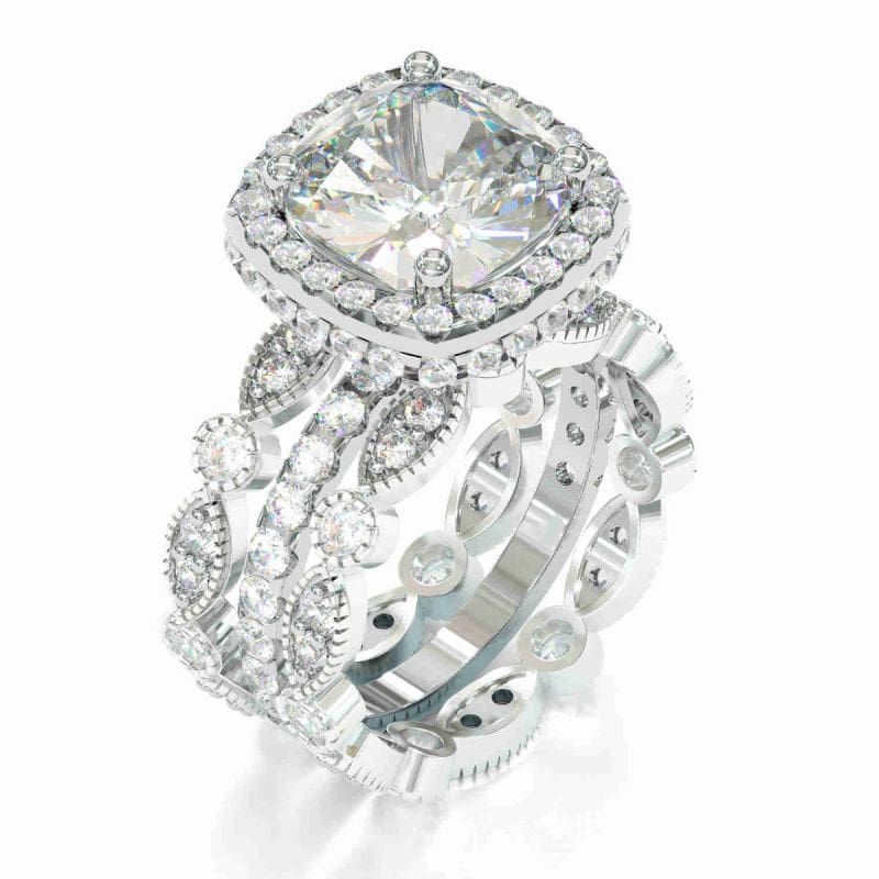 3PCS Halo Cushion Cut Wedding Bridal Set In Sterling Silver Shineofdiamond