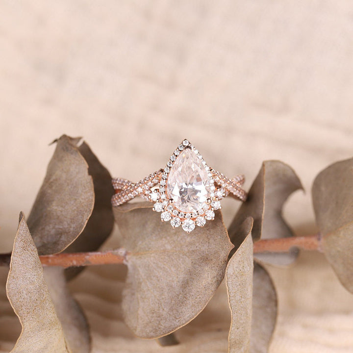 Rose Golden Tone Halo Pear Cut Twisted Curved Sterling Silver Bridal Set shine of diamond