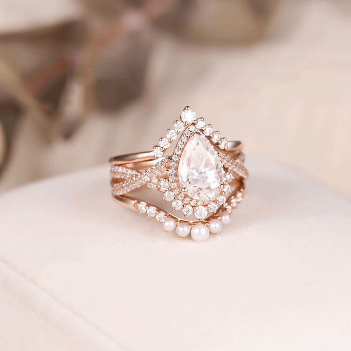 Rose Golden Tone Halo Pear Cut Twisted Curved Sterling Silver Bridal Set shine of diamond