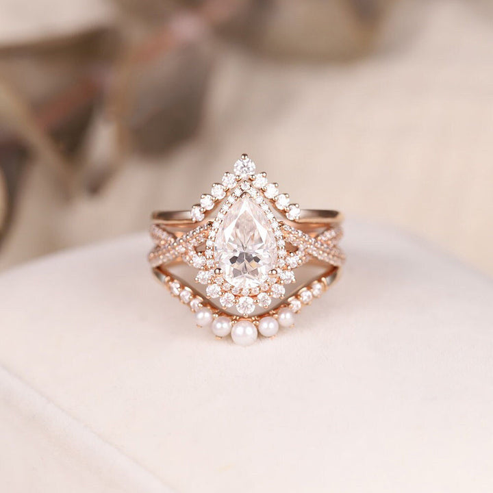 Rose Golden Tone Halo Pear Cut Twisted Curved Sterling Silver Bridal Set shine of diamond